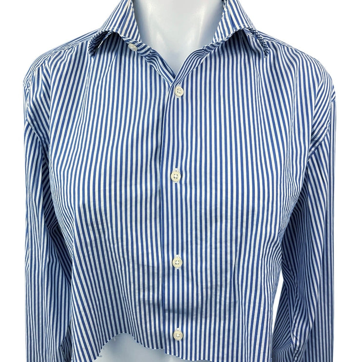 Reiss Blue White Striped Button Up Collar Long Sleeve Crop Shirt Blouse Top Sz L