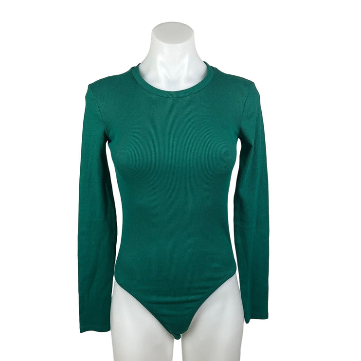 Zara Women's Green Crew Neck Long Sleeve Stretch Fitted Bodysuit Top Size S