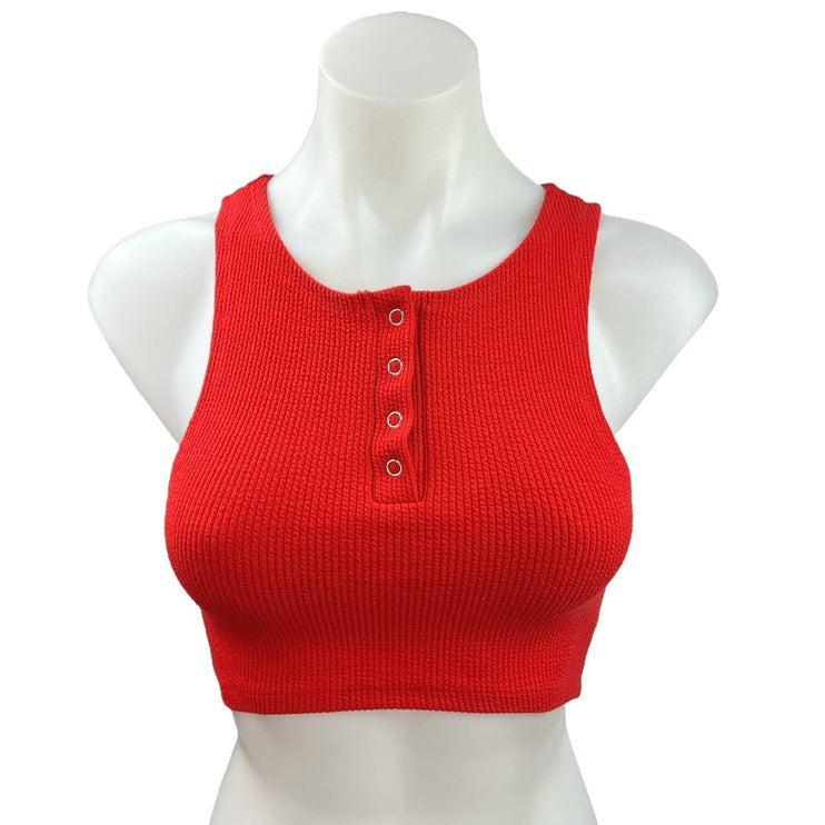 Zara Womens Red Ribbed Sleeveless Snap Button Henley Racerback Crop Tank Top S