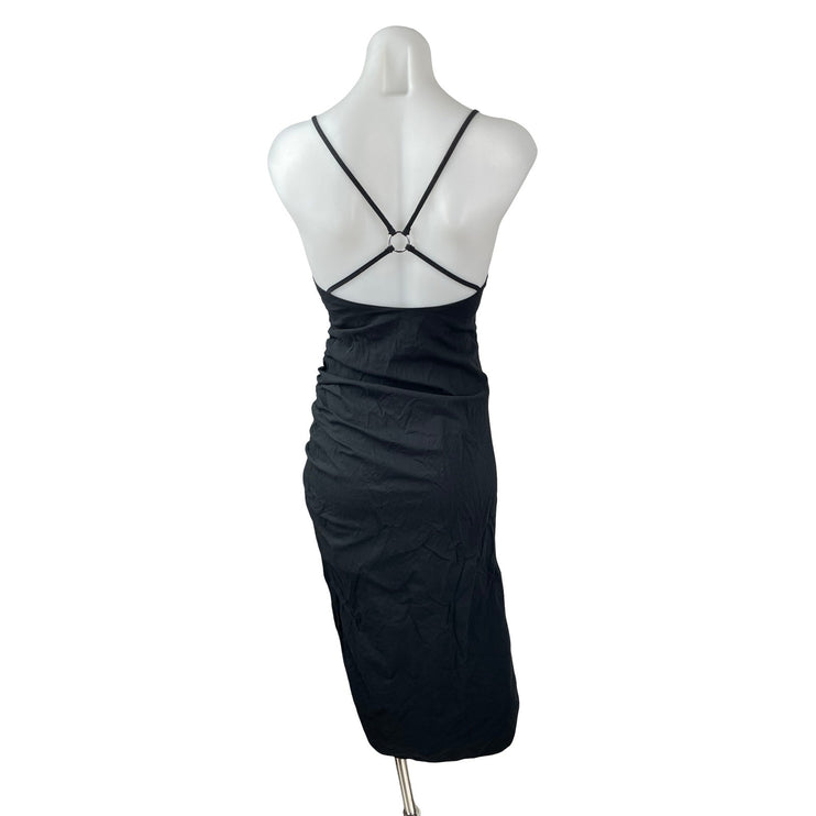 Zara Black Square Neck Ruched Sleeveless Side Slit Cami Tank Midi Dress Size S