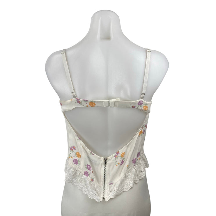 Sky To Moon Women's White Floral Bustier Corset Ruffle Lace Cami Tank Top Size M