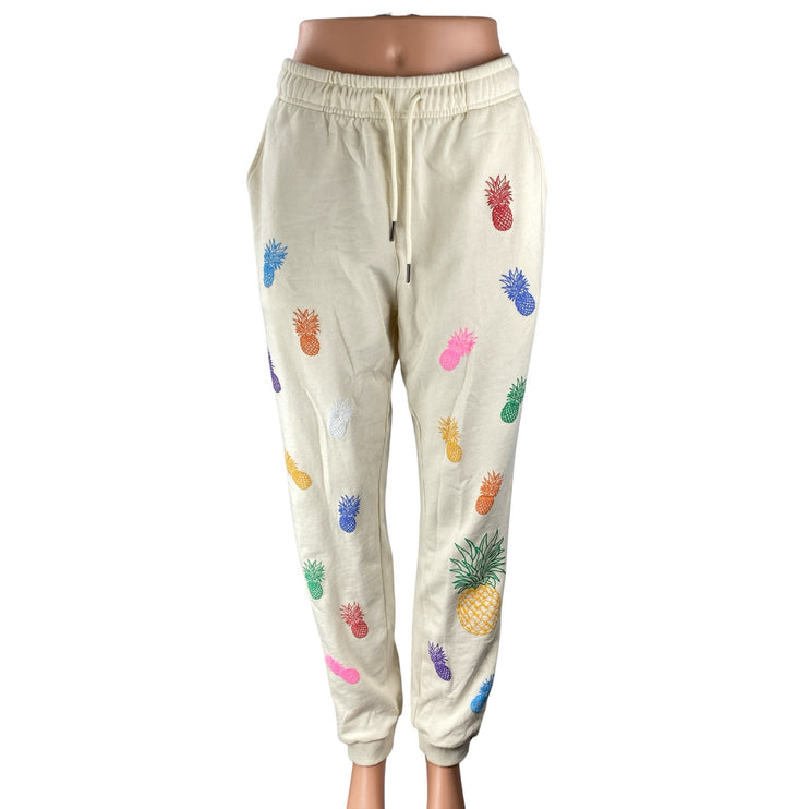 Spiezle Women's Cream Pineapple Rainbow High Rise Jogger Sweat Pants Size M