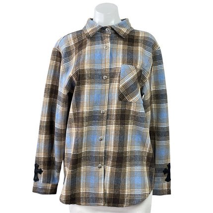 Chrome Hearts Brown Plaid Flannel Leather Cross Patch Button Down Shirt Top Sz L