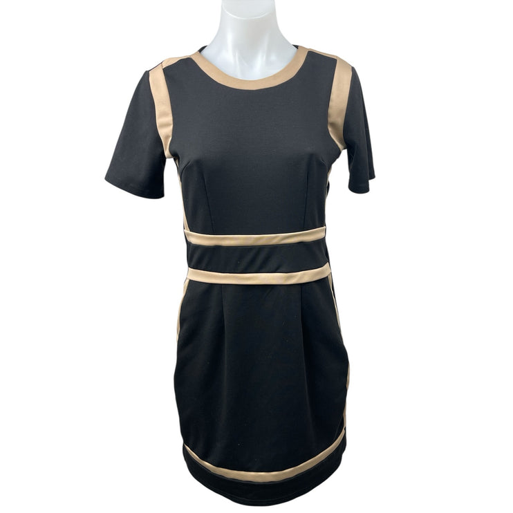 Miusol Womens Black Gold Pleated Short Sleeve Mini Bodycon Sheath Dress Size M