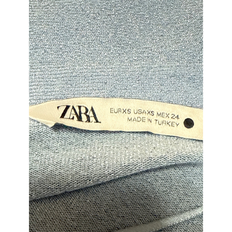 Zara Women's Blue Glitter Long Sleeve V Neck Button Polo Blouse Top Size XS