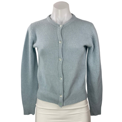 Vintage IQ Women's Blue Wool Ribbed Knit Crew Button Up Cardigan Sweater Top M