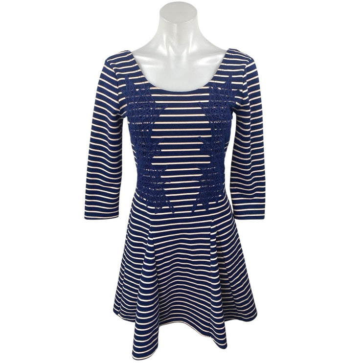 Free People Blue White Striped Embroidered Long Sleeve Fit & Flare Mini Dress XS