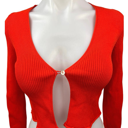 Zara Red Ribbed One Button Long Sleeve Stretch Knit Cardigan Sweater Crop Top S