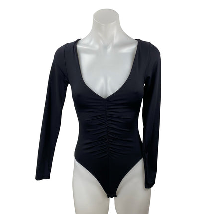 Zara Women's Black Center Ruched Deep V Neck Long Sleeve Slim Bodysuit Top Sz S