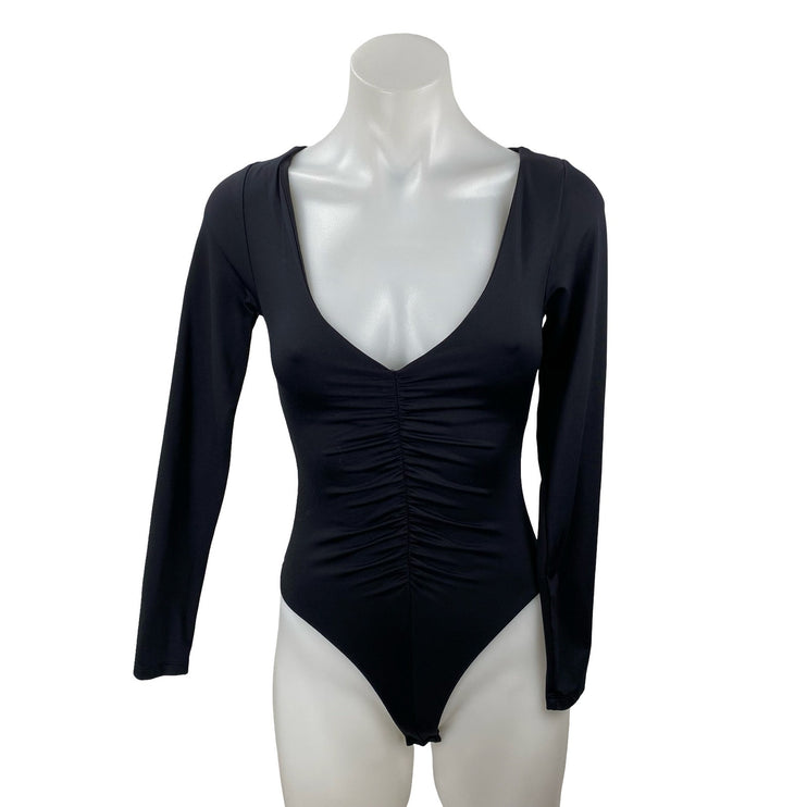 Zara Women's Black Center Ruched Deep V Neck Long Sleeve Slim Bodysuit Top Sz S
