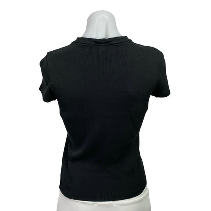Theory Women's Black Ribbed Knit Short Sleeve Crew Neck T Shirt Tee Top Size M
