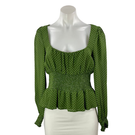 Reformation Hearth Women's Green Polka Dots Long Sleeve Peplum Blouse Top Size 8