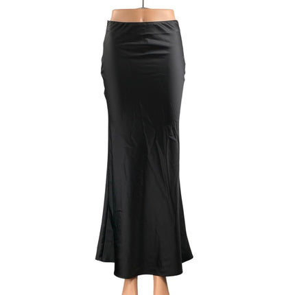 NEW Commense Women's Black Silky Satin Elastic Waist Maxi Mermaid Slip Skirt XS