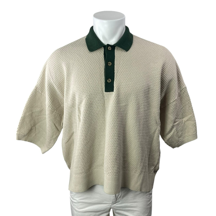 ASOS Mens Beige Green Short Sleeve Waffle Knit Loose Golf Polo Shirt Top Size XL