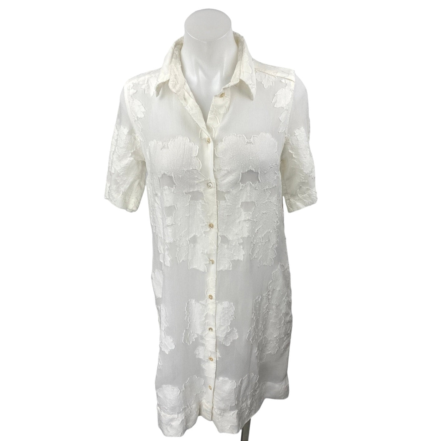 Aritzia Wilfred Hemistiche White Semi Sheer Short Sleeve Mini Shirt Dress Sz XS