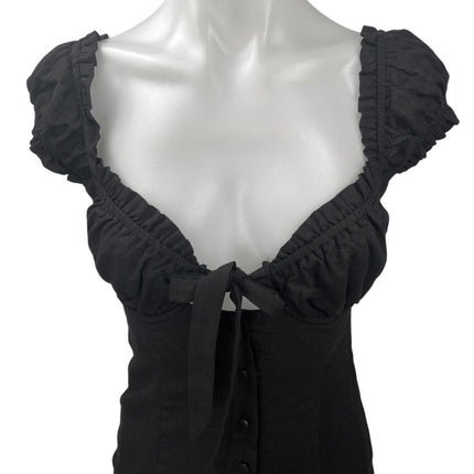 Princess Polly Black Linen Short Puff Sleeve Tie Button Up Mini Bodycon Dress 2