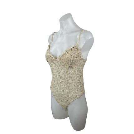 H&M Women's Beige Floral Lace Eyelet Crochet Sleeveless Camisole Tank Bodysuit M