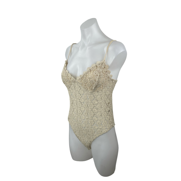 H&M Women's Beige Floral Lace Eyelet Crochet Sleeveless Camisole Tank Bodysuit M