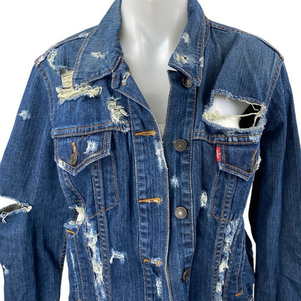 Levi's Blue Dark Wash Distressed Long Sleeve Button Down Denim Jeans Jacket Sz L