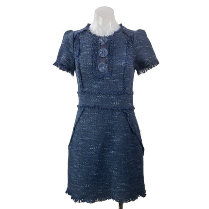 Rebecca Taylor Blue Tweed Short Sleeve Zip Slit Fringe Mini A Line Dress Size M