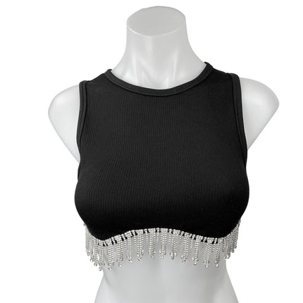 Women's Black Rhinestone Fringe Sleeveless Boho Crew Neck Crop Tank Top Size S