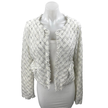 Lovers + Friends Lucy White Tweed Plaid Fringe Open Front Long Sleeve Jacket M