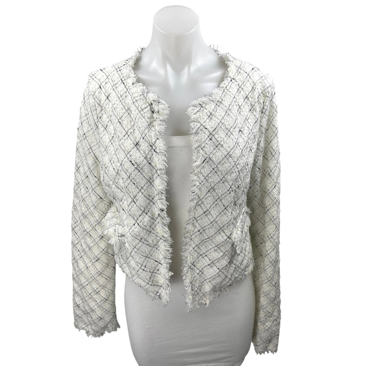 Lovers + Friends Lucy White Tweed Plaid Fringe Open Front Long Sleeve Jacket M