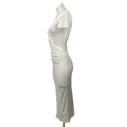 NEW Donna Karan Women's White Ruched V-neck Short Sleeve Midi Bodycon Dress Sz S