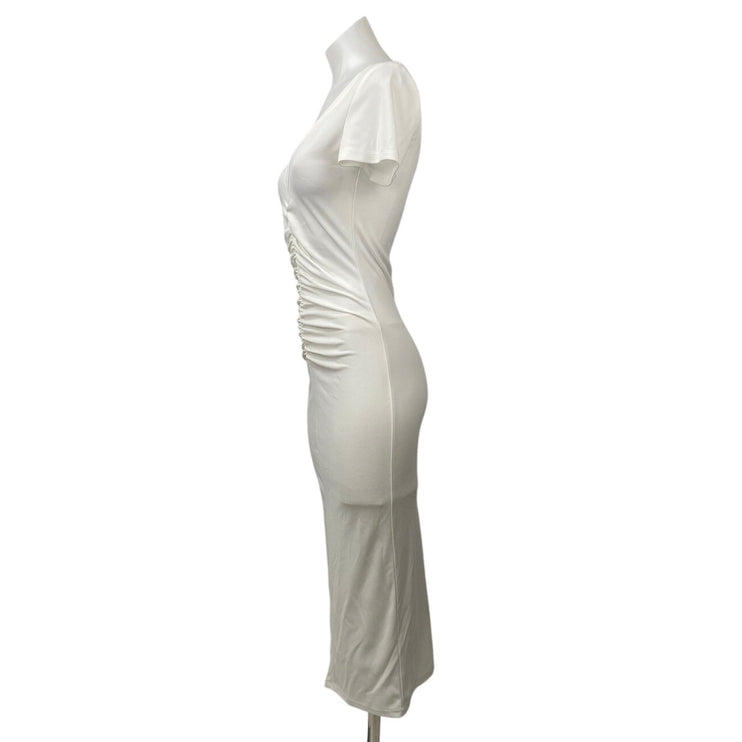 NEW Donna Karan Women's White Ruched V-neck Short Sleeve Midi Bodycon Dress Sz S