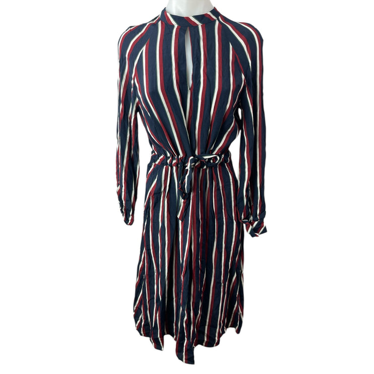 Pepe Jeans Multicolor Striped Long Sleeve Keyhole Mock Tie A Line Midi Dress S
