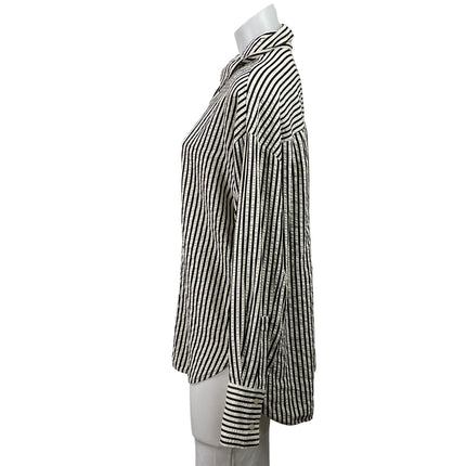 MNG by Mango Women's Black White Long Sleeves Striped Button Down Shirt Top Sz M