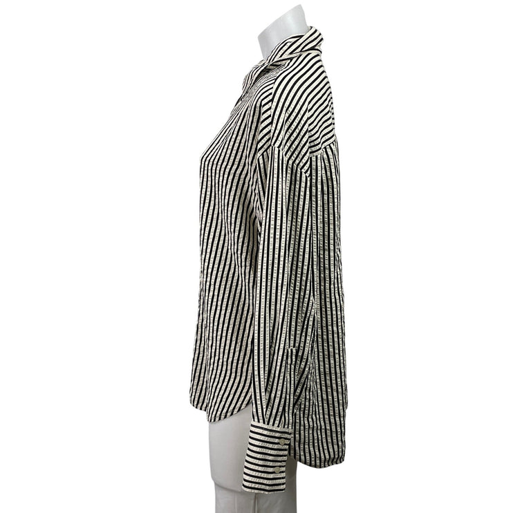 MNG by Mango Women's Black White Long Sleeves Striped Button Down Shirt Top Sz M