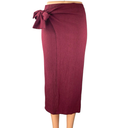 Stradivarius Women's Red Bow Tie High Waist Midi Straight Pencil Wrap Skirt Sz S