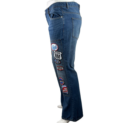 boohooMAN Mens Blus Patchworks Applique Carpenter Flared Denim Jeans Pants Sz 42