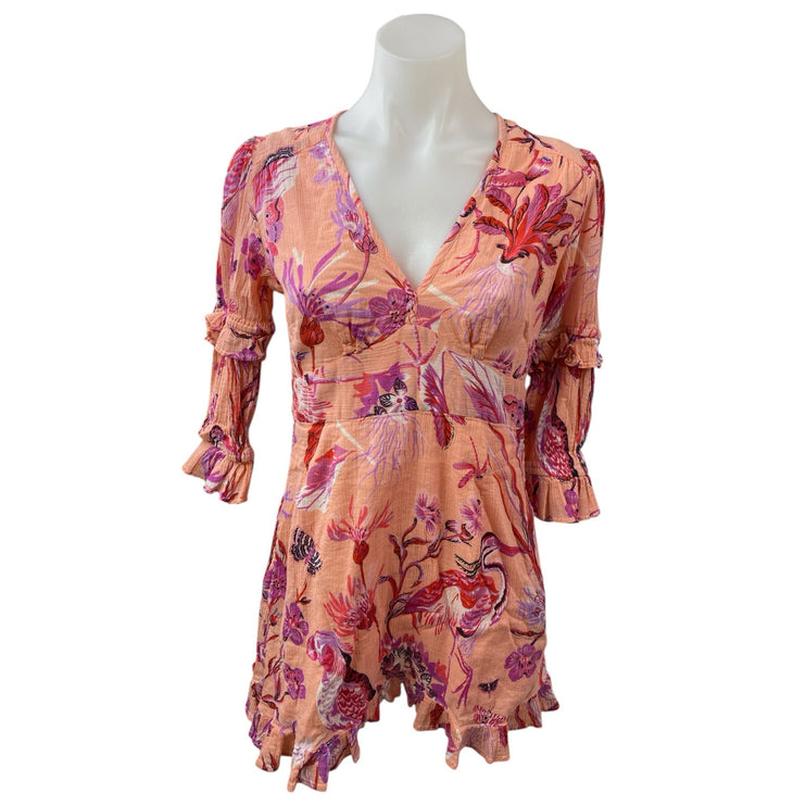 Banjanan Masie Apricot Floral Ruffle 3/4 Puff Sleeve V Neck Mini A-Line Dress M