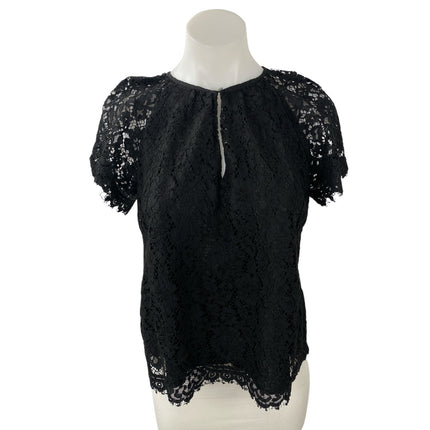J.Crew Women's Black Floral Lace Keyhole Round Neck Short Sleeve Blouse Top Sz S
