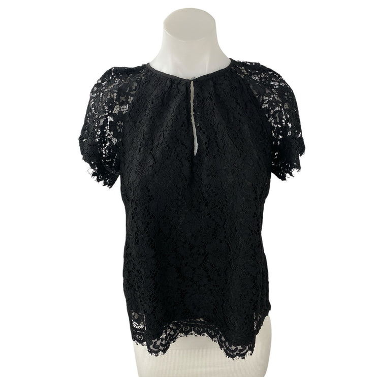 J.Crew Women's Black Floral Lace Keyhole Round Neck Short Sleeve Blouse Top Sz S