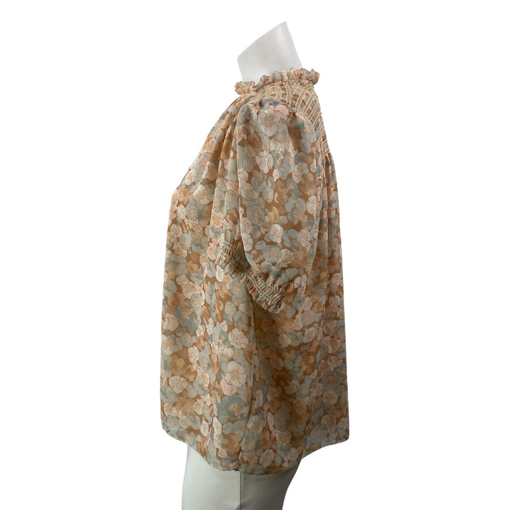 Aritzia Wilfred Wuthering Beige Blue Short Sleeves Floral Smocked Blouse Top S