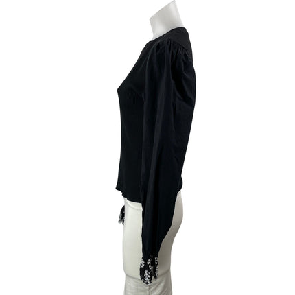 NEW Zara Women's Black Long Balloon Sleeve Floral Ribbed Knit Blouse Top Size M