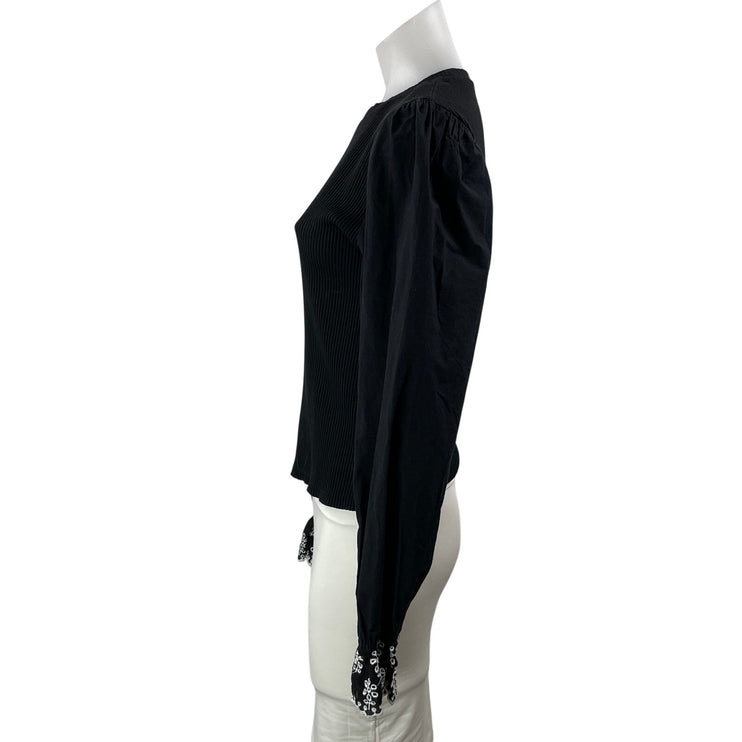 NEW Zara Women's Black Long Balloon Sleeve Floral Ribbed Knit Blouse Top Size M