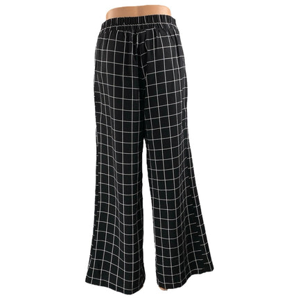 Mine Black Windowpane High Rise Drawstring Wide Leg Trousers Dress Pants Size S