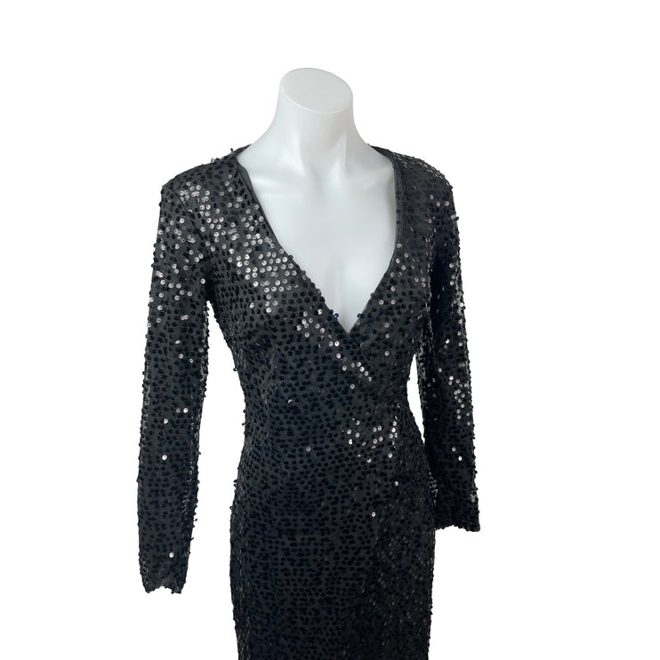Women's Black Sequin Sparkly Long Sleeve V Neck Evening Gown Maxi Dress Size S/M