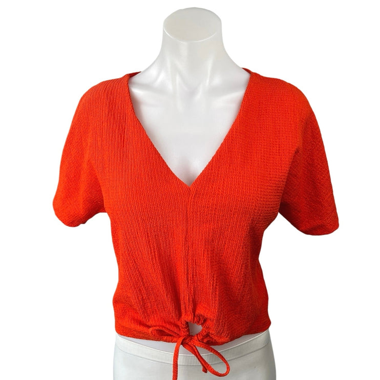 Zara Orange Textured V-Neck Short Sleeve Tie Front Crop Shirt Blouse Top Size S