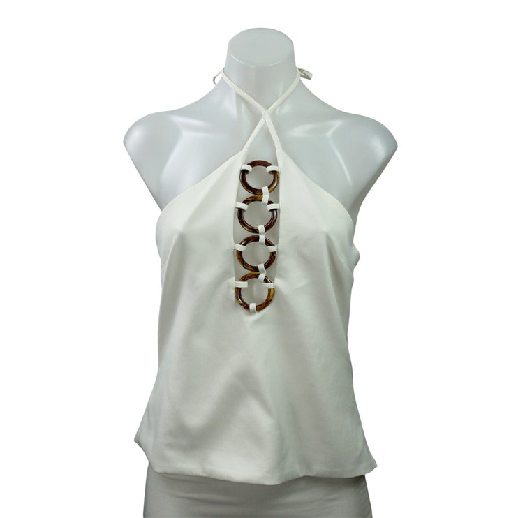 Zara Women's White Sleeveless Tortoiseshell Effect O-Ring Halter Blouse Top M