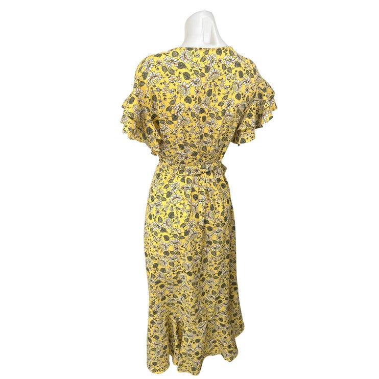 Max Studio Yellow Floral Ruffle Flutter Short Sleeve Hi-Low Midi Wrap Dress XS