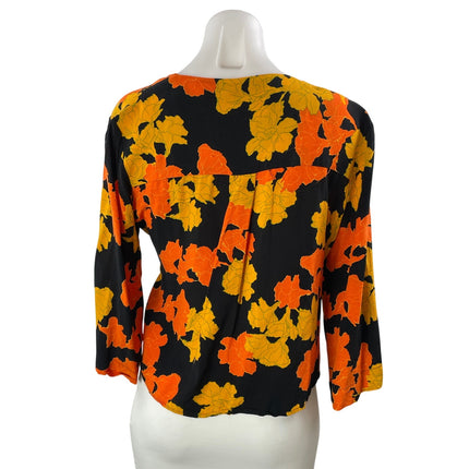 Topshop Women's Black Coral Floral Long Sleeve V Neck Wrap Blouse Top Size 6