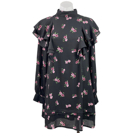 Fashion Union Black Floral Ruffle Long Sleeve Mockneck Mini Tunic Shift Dress 6