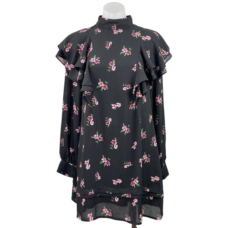Fashion Union Black Floral Ruffle Long Sleeve Mockneck Mini Tunic Shift Dress 6