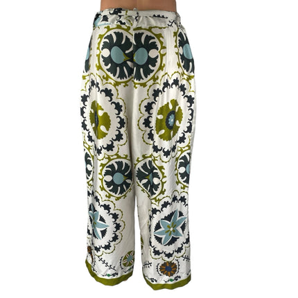 MNG Mango Multicolor Italian Floral High Rise Wide Leg Trousers Pants Size 10