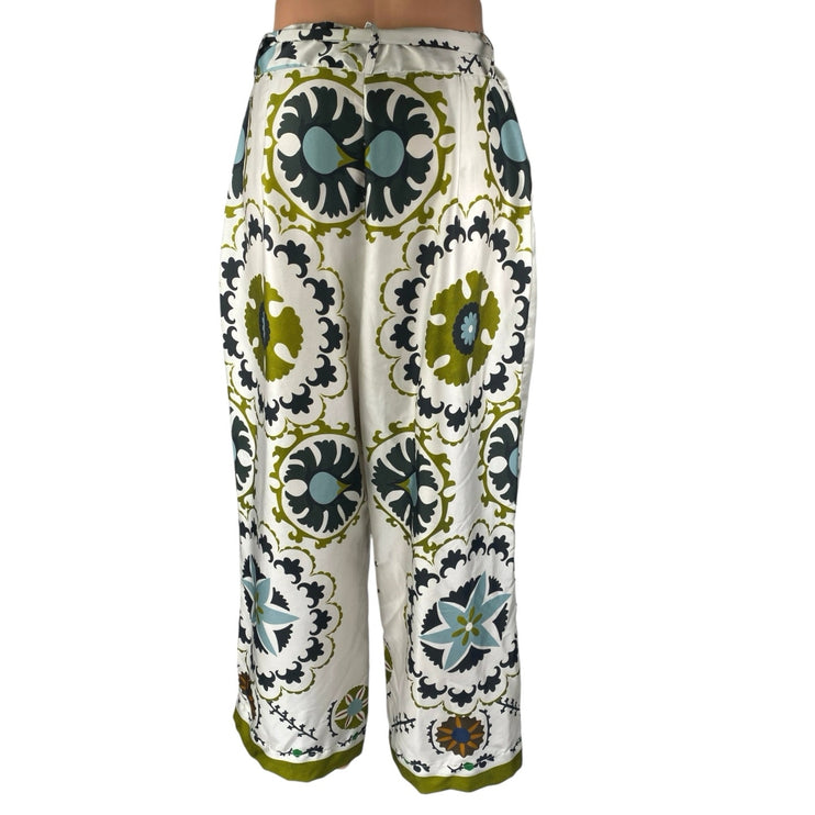 MNG Mango Multicolor Italian Floral High Rise Wide Leg Trousers Pants Size 10